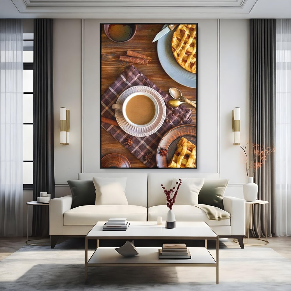 Tablou canvas cu natura moarta cu cafea si placinta, in rama de aluminiu negru, pe perete intr-un living